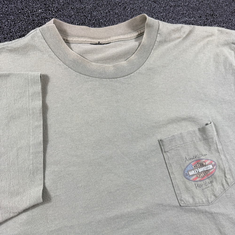 Vintage Harley Davidson T Shirt Men XL Pocket Tee Olive Single Stitch Shawnee KS